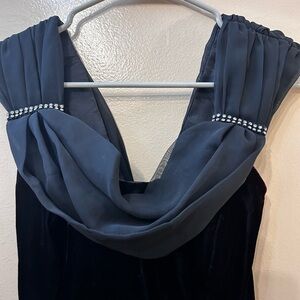 Elegant Navy Velvet Midi Dress with Draped Chiffon Neckline